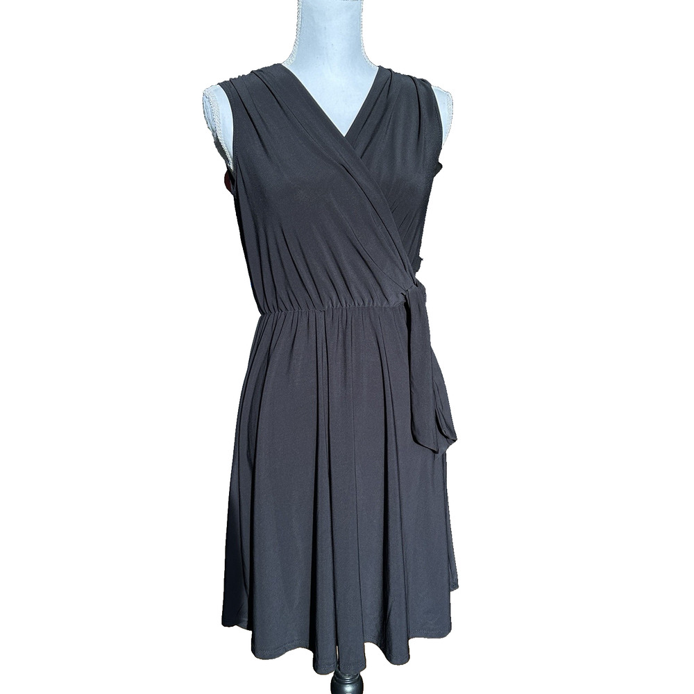 Tahari Drape Front Faux Wrap Sleeveless Black‎ Dress S